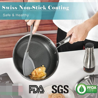 LMETJMA Stainless Steel Nonstick Frying Pan with Honeycomb Surface - Includes Lid, Compatible with Induction, Ceramic and Gas Cooktops - Model KC0480