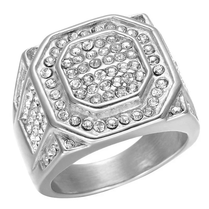 Hip Hop Iced Out Men Ring - Trendy Copper Pave CZ Geometry Jewelry with Bling Cubic Zirconia Design
