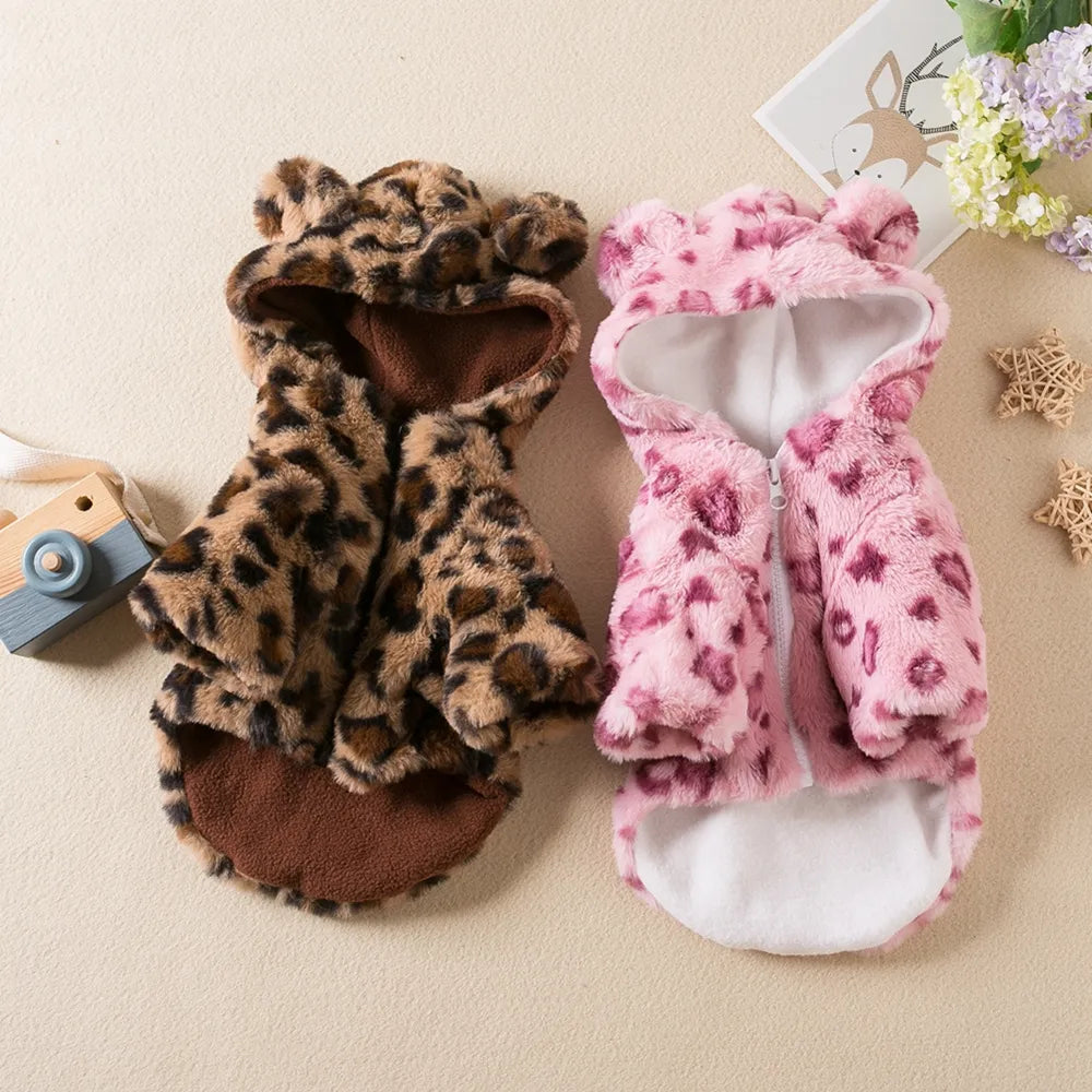 Warm Fleece Dog Hoodie: Winter Leopard Dog Coat Jacket - French Bulldog Clothing for Small Dogs, Pet Costumes