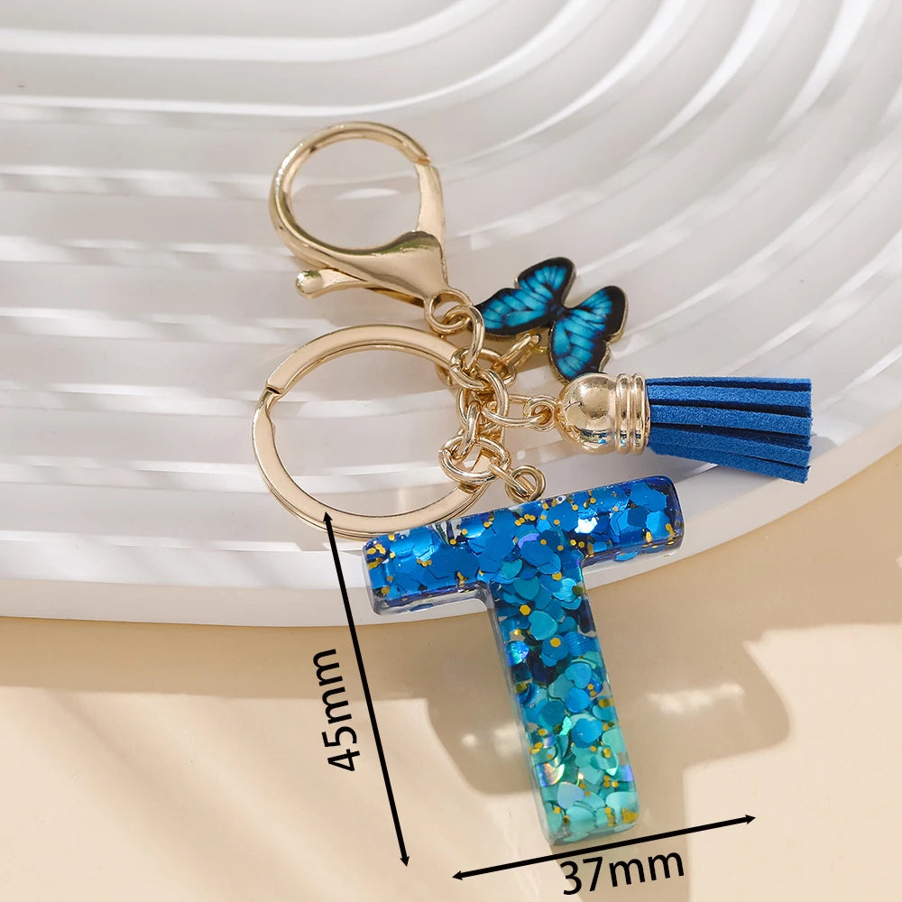 Royal Blue Butterfly Initial Keychain - Alloy Alphabet Letter & Tassel Backpack Charm