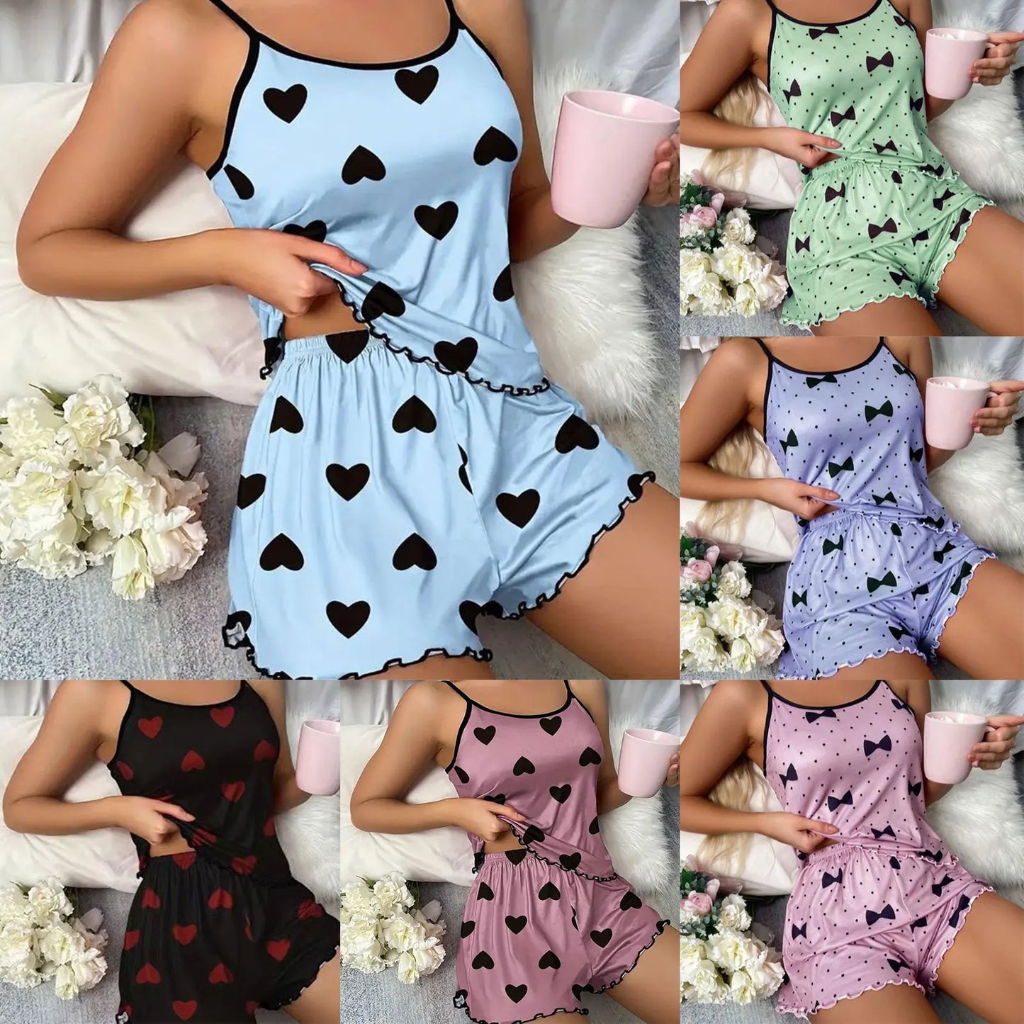 Women's Satin Pajama Set – Soft Printed Cami Top & Shorts Sleepwear for Home & Daily Wear