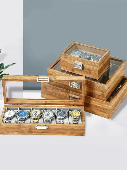 Bamboo Watch Box with Transparent Lid — 3/6/10/12 Grid Chinese Style Watch Storage Case for Men, Birthday Gift