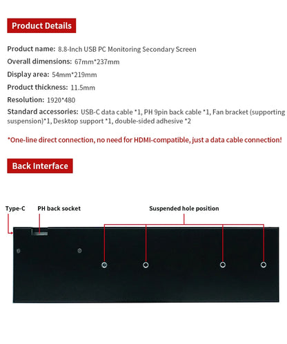 8.8 Inch IPS Type C Secondary Screen – USB-C Interface CPU, GPU, RAM Display, No Need for AIDA64 Monitoring