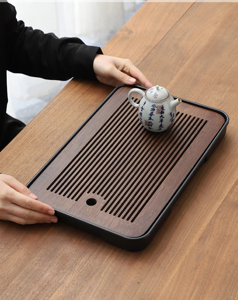 Square Bamboo Tea Tray with Drainage — Elegant Kung Fu Tea Set Tablett for Adults, Simple Chaban Tray for Tea Parties