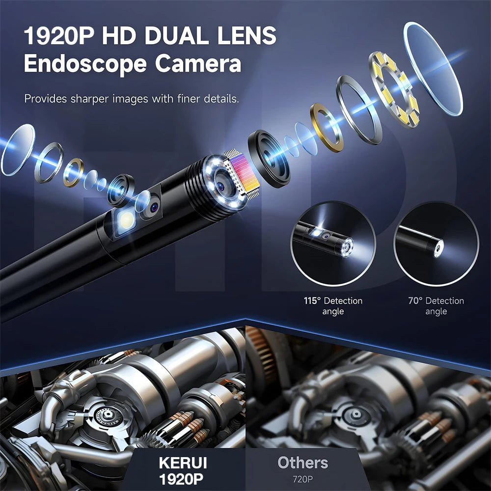 KERUI Endoscope Camera – Single/Dual Lens Borescope with LED, IP67 for iPhone, iPad, Android & Type-C Inspection