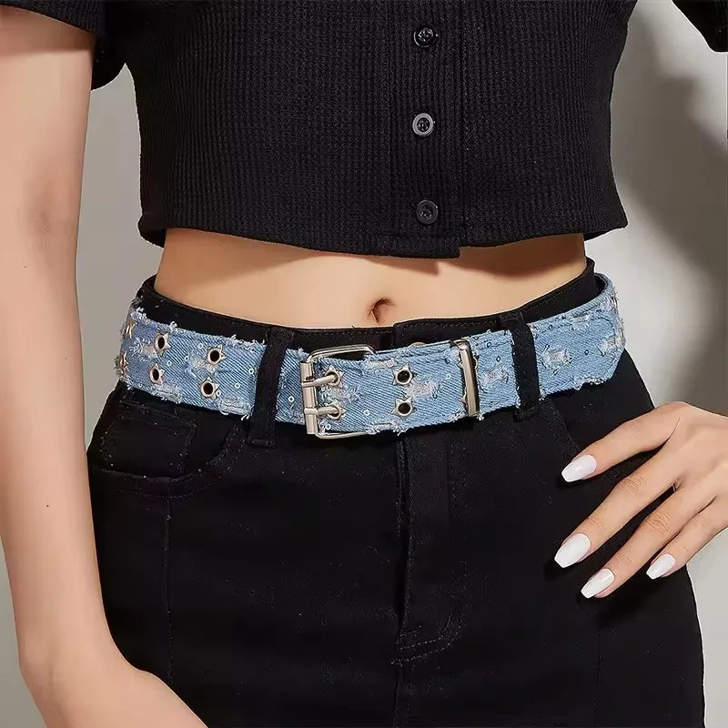 Y2K Punk Star Belt - Black Denim Hip Hop Hollow Buckle Waistband for Men & Women