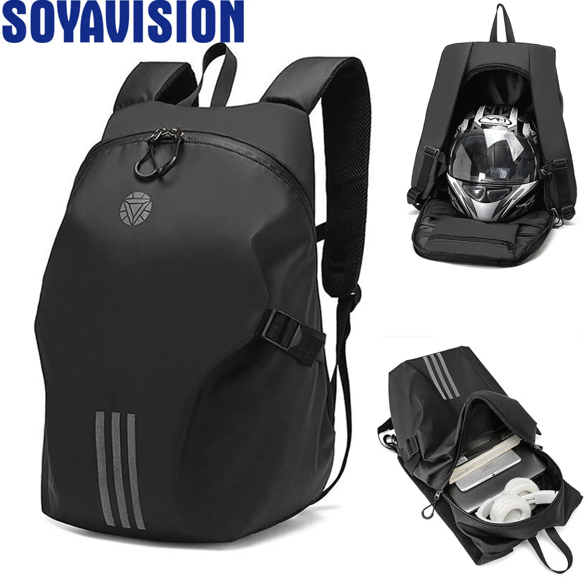 Black Motorcycle Helmet Backpack - Waterproof Laptop Backpack, Large Capacity, Ideal for Outdoor Sports, Riding, Hiking, and Travel