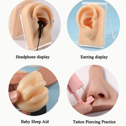 Soft Silicone Ear Nose Mouth Practice Model – Tattoo & Piercing Jewelry Display Stand with Acrylic Earring Holder Kit for Training & Showcase