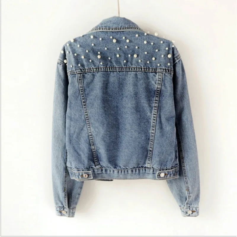 2024 Women's Short Denim Jacket – Beaded Pearl Design, Loose Fit for Spring & Autumn, New Denim Jacket