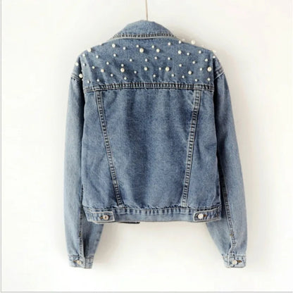 2024 Women's Short Denim Jacket – Beaded Pearl Design, Loose Fit for Spring & Autumn, New Denim Jacket