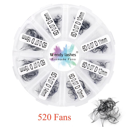 Wendy Lash Premade Volume Fans – 3D/5D/6D/10D/14D/16D Thin Root Eyelash Extensions, Sharp Pointy Stem, 520 Loose Lashes