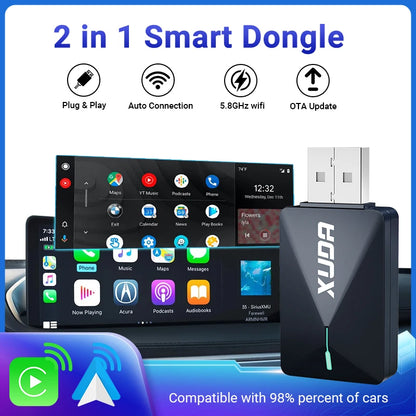 XUDA 2-in-1 Wireless CarPlay & Android Auto Mini Box — Plug & Play AI Adapter Compatible with 99% of Car Radios