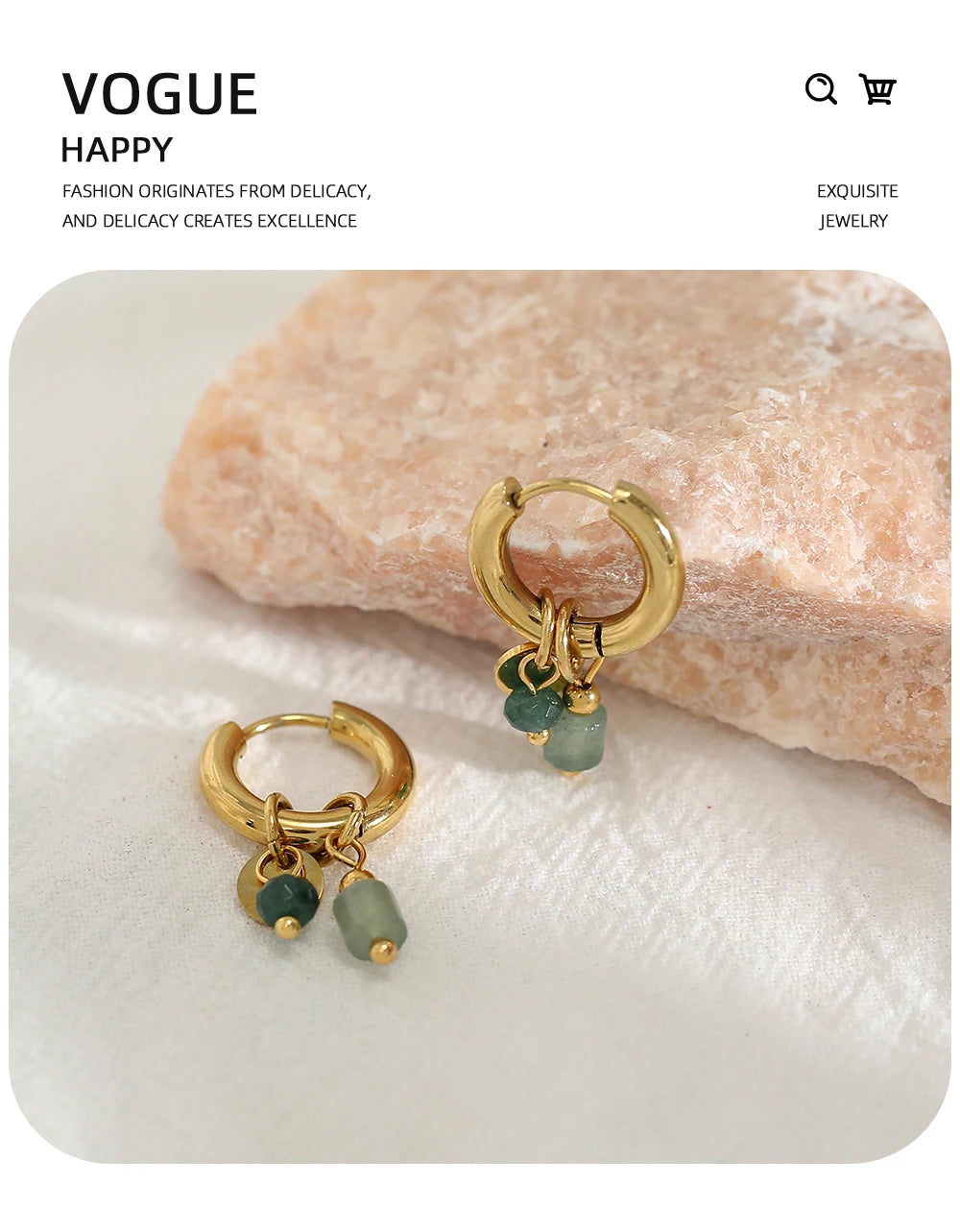 YACHAN 18K Gold-Plated Stainless Steel Hoop Earrings — Vintage Green Stone Charms, Trendy Waterproof Jewelry for Women