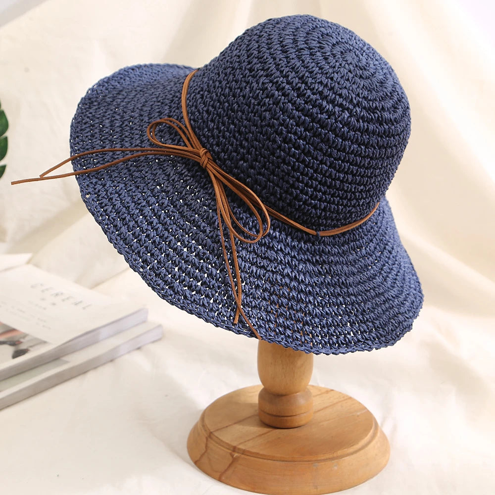 Women’s Holiday Beach Sun Hat – Large Brim Woven Straw Fisherman Hat with Bow, Seaside Sun Protection Panama Chapeau Korean Style