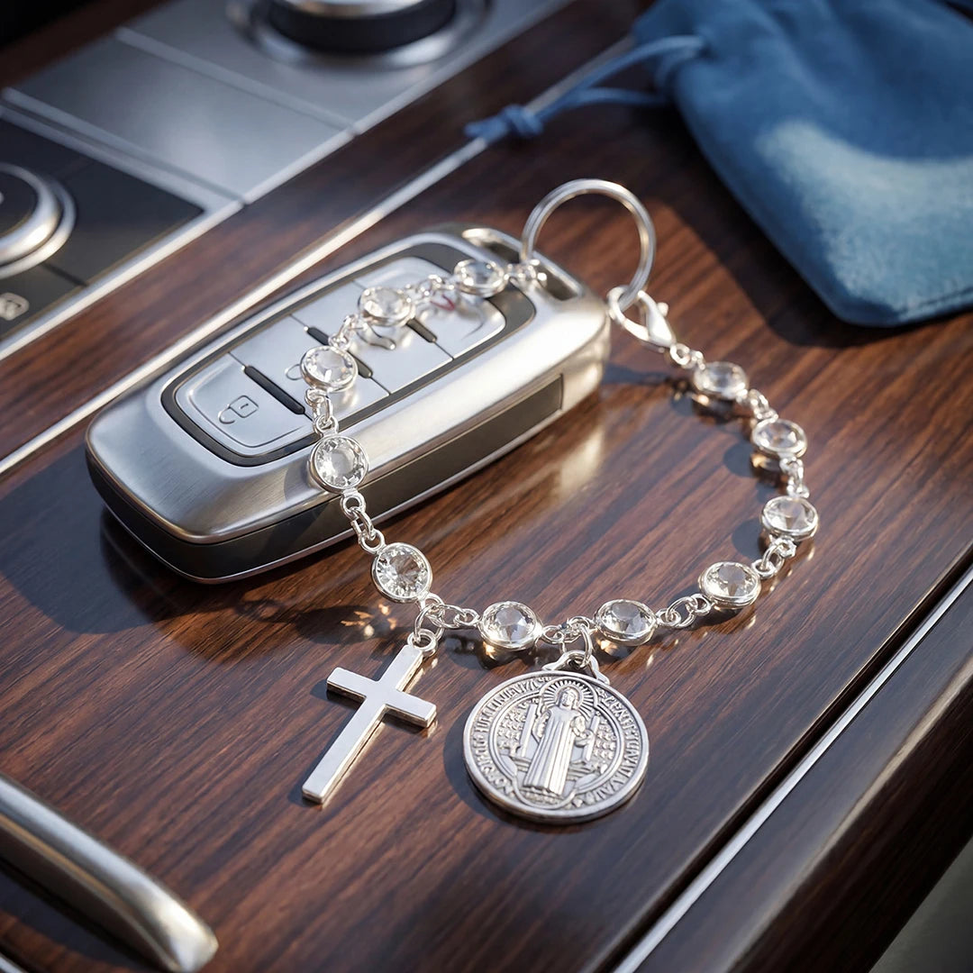 Catholic Rosary Car Pendant - St. Benedict Medal and Cross Religious Auto Interior Accessory