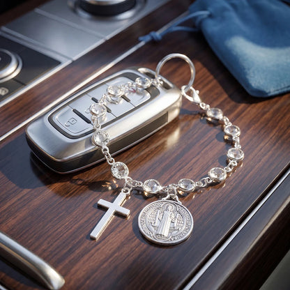 Catholic Rosary Car Pendant - St. Benedict Medal and Cross Religious Auto Interior Accessory
