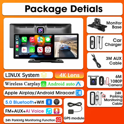 Srnubi 10.26 Inch Dash Cam Rearview Mirror - CarPlay & Android Auto DVR with GPS Navigation, Video Dashboard Monitor