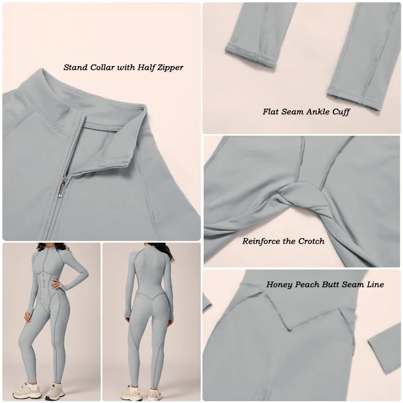 VITALINOVO Women’s Athletic Onesie Jumpsuit – Long Sleeve Zip-Up Running Romper, Bodycon Workout & Hiking One-Piece Activewear Outfit