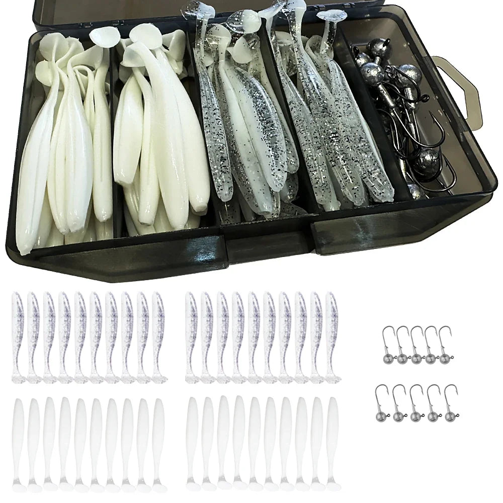 50PCS Metal Jig Fishing Lure Set – Soft & Sinking Swimbaits 3g–14g (5.5–10cm) Jigging Head Hooks in Tackle Box for Bass Fishing