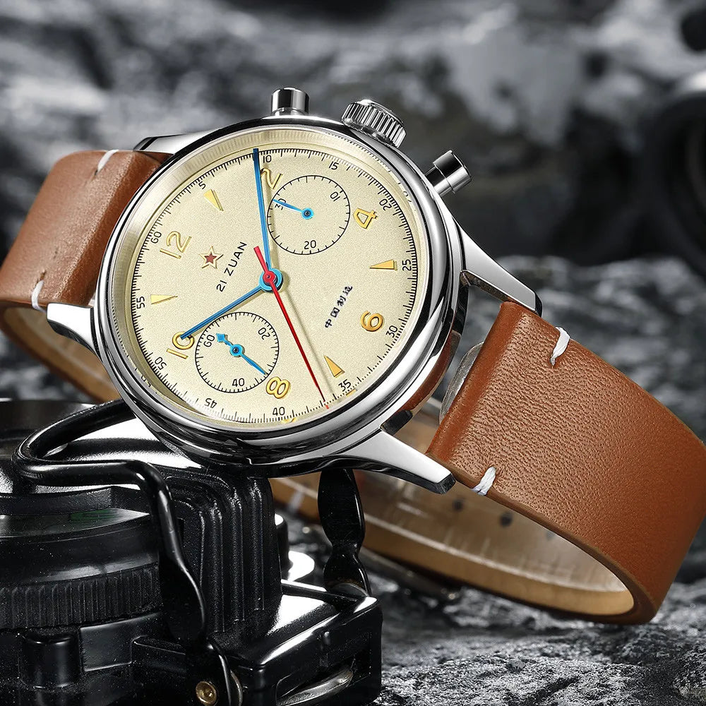 RED STAR 38mm Men's 1963 Chronograph Mechanical Watch – Pilot Air Force Aviation with Seagull ST1901 Movement & Sapphire Glass