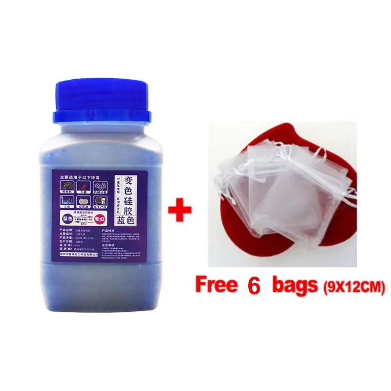 250g + 6 Bags Reusable Silica Gel Beads — Waterproof Moisture Absorber for Electronics, Dehumidifier & Humidity Control