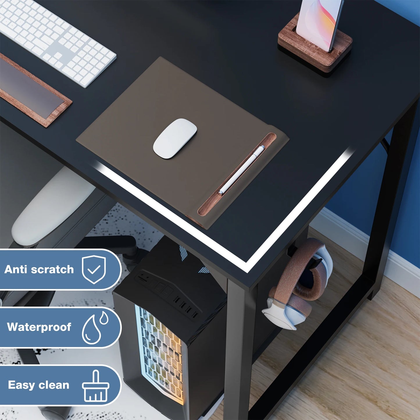 Computer Desk – Modern Compact Writing & Gaming Table with Side Bag, Headphone Hook, Easy Assembly
