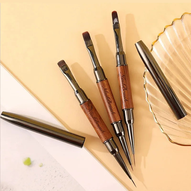 Double-Head Sandalwood Handle Nail Brush – Liner Brush Painting Pen, Gel Brush for Crystal Nail Art Manicure