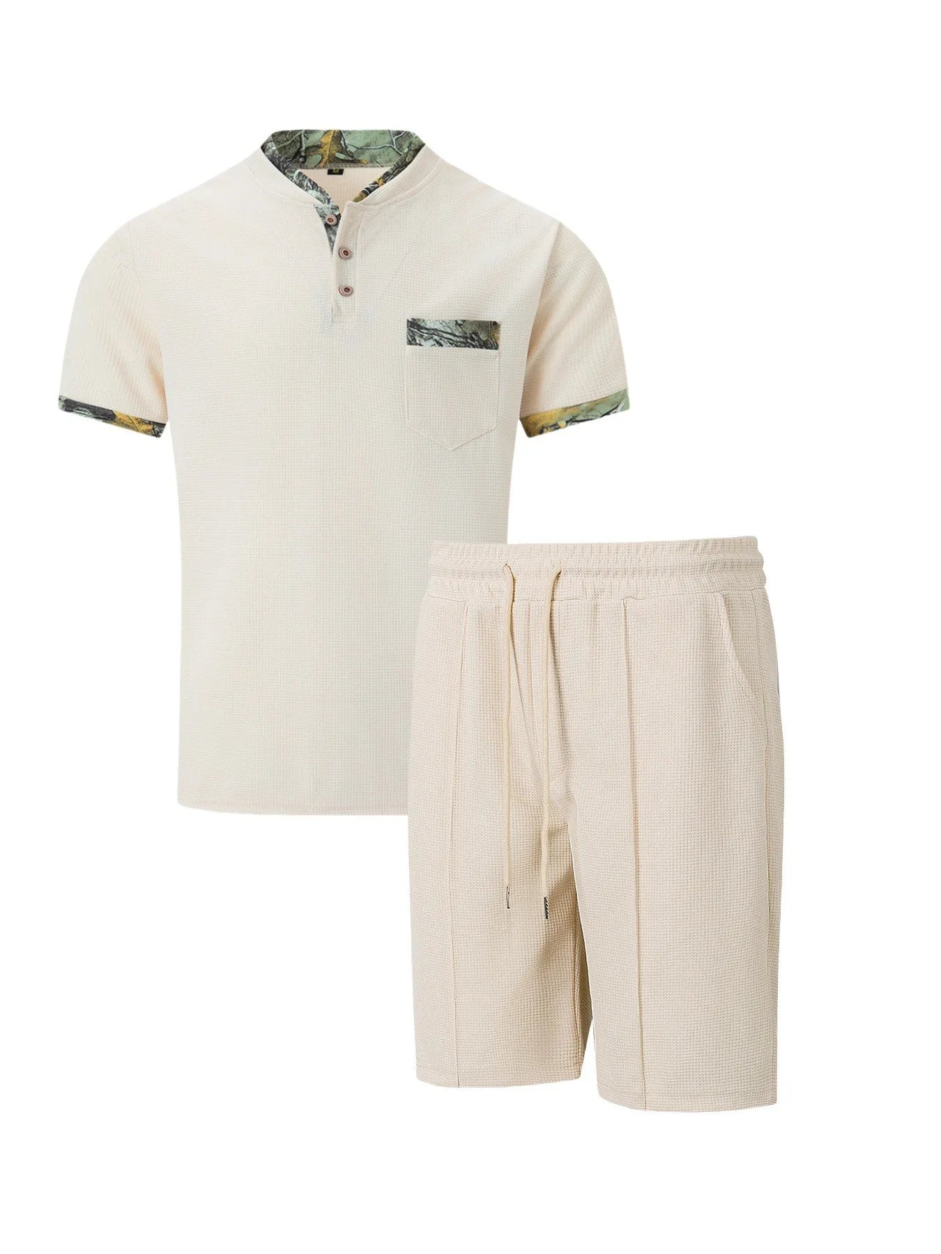 2025 Men's Summer Waffle Knit Short Set – Solid Color Zip-Up Lapel Shirt & Shorts | European & US Style