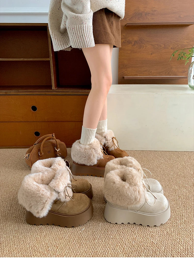 Women’s Winter Chunky Sole Fur Snow Boots – Cozy Height-Boosting Cotton Short Booties