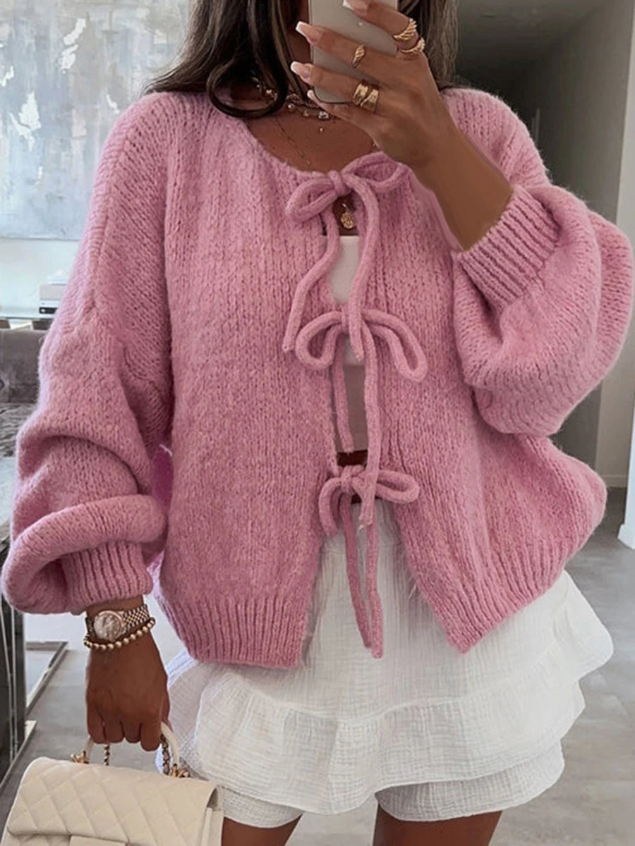 Fashion Knitted Bow Lace-Up Cardigan for Women – Y2K Open Front Sweater, Sweet Lantern Sleeve Oversized Knit Cardigan