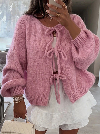 Fashion Knitted Bow Lace-Up Cardigan for Women – Y2K Open Front Sweater, Sweet Lantern Sleeve Oversized Knit Cardigan