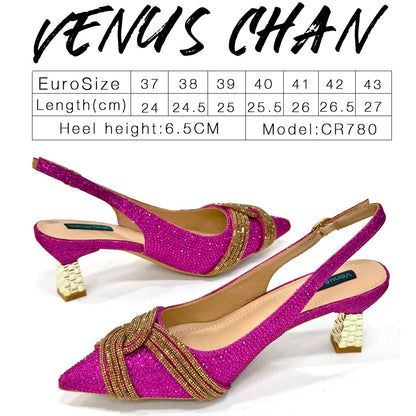 Venus Chan Women’s Champagne Shoe & Bag Set - Rhinestone Heels and Handbag for Nigerian Parties & Weddings