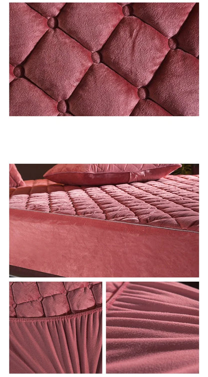 Quilted Crystal Velvet Mattress Cover - Warm Soft Plush Fitted Bed Sheet for King & Queen Beds, Pillowcase Not Included