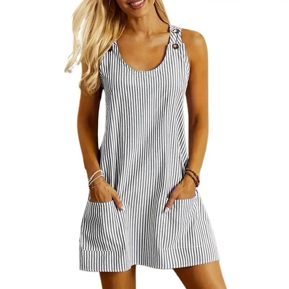 Women's Striped Vacation Mini Dress - Sleeveless Beach Sundress with Pockets