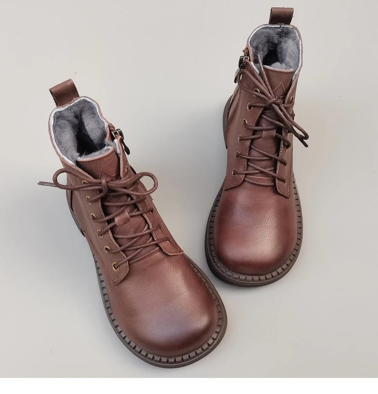 Careaymade 100% Genuine Leather Wide Casual Women’s Short Boots – Big Size, Handmade Men’s Wool Boots