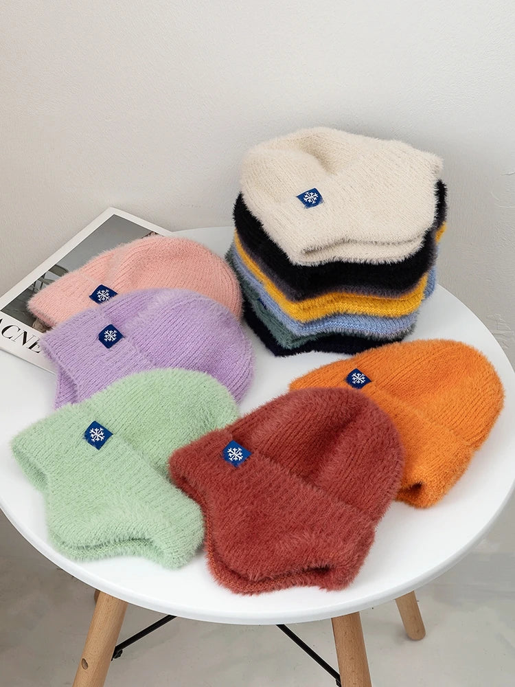Women’s Earflap Winter Hat – Candy Color Faux Fur Knit Beanie, Kpop Style Streetwear Cap