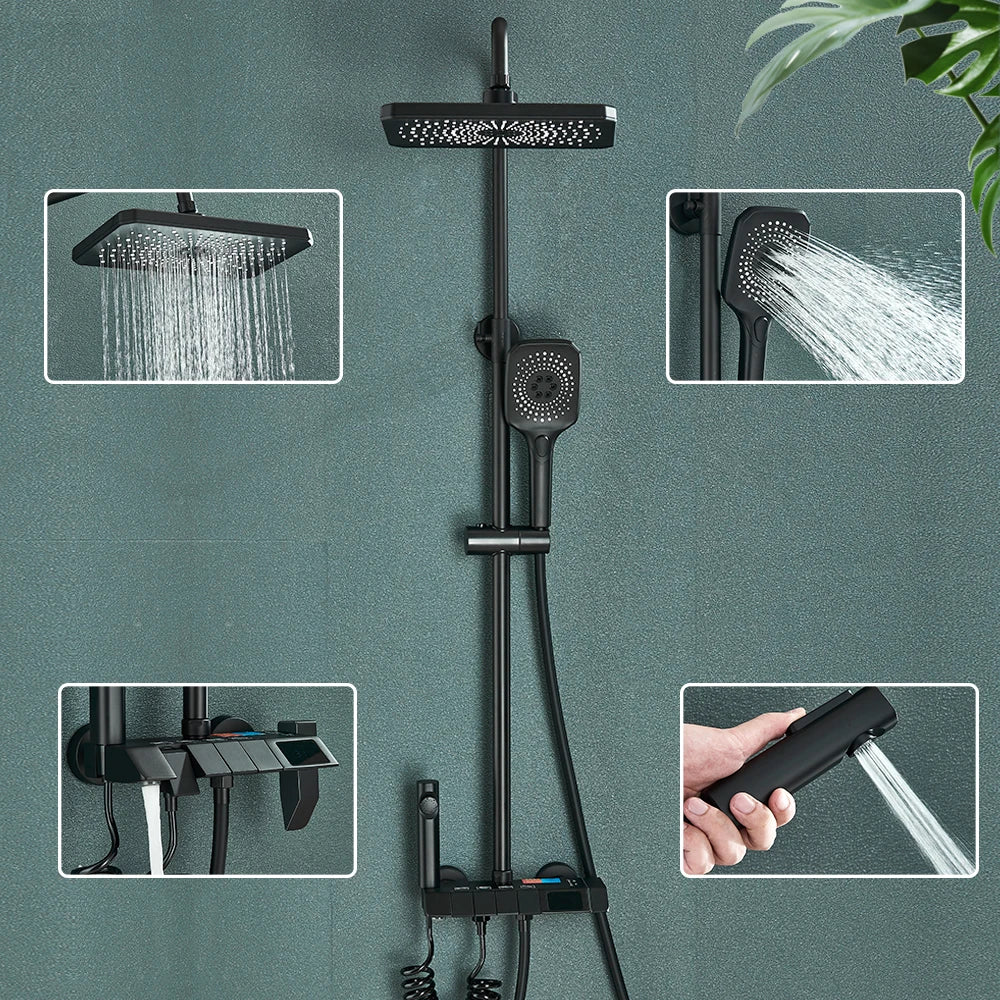 Rozin Black Smart Digital Display Shower Faucet Set - Piano Style Rainfall Bathroom System with Grey Digital Mixer Tap & Bidet Shower