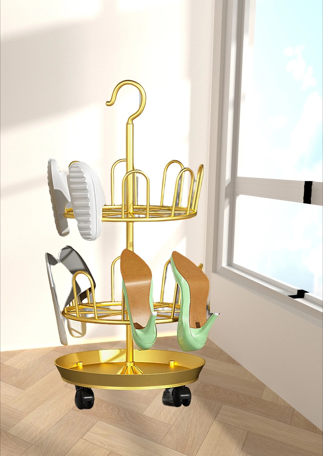 Drying Shoe Rack with Drain Plate – Floor-to-Ceiling Rotating Shoe & Slipper Hanger, Balcony Storage Shelf Organizer
