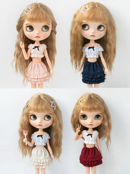 Blythe Doll Clothes Plaid Pleated Skirt & Off-Shoulder Top Tulle Dress Set — Ruffle Skirt for Licca, Azone, OB22, YMY Doll Accessories