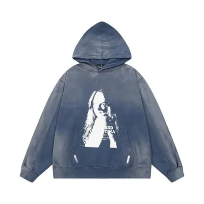 Washed Casual Hoodie Sweatshirt — Unisex Loose-Fit Street Style Crew Neck with Lip Print Letter Design, Vintage Comfortable Top