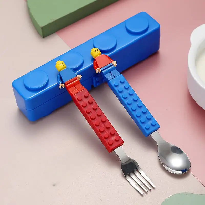 Creative Building Blocks Stainless Steel Cutlery Set for Kids – Portable Fork & Spoon Assembled Dining Set, Fun Educational Tableware for Children