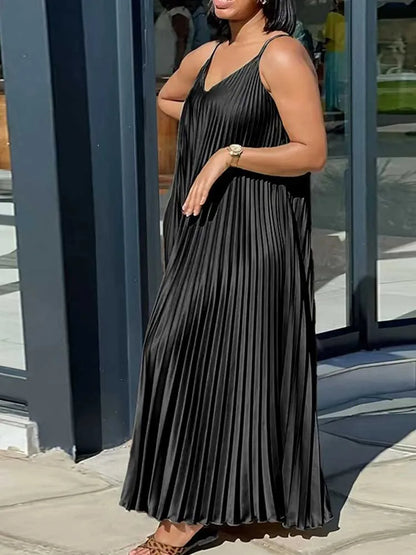 Women’s Summer Sleeveless V-Neck Dress – Elegant Pleated Loose Long Dress, Thin Straps, Plus Size