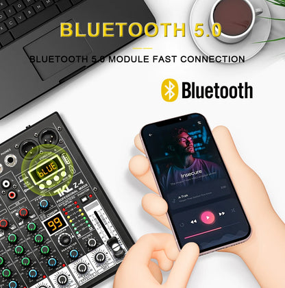 TKL 4-Channel DSP Audio Mixer with 48V Phantom Power, USB, Bluetooth DJ Console for Karaoke Studio Mixing