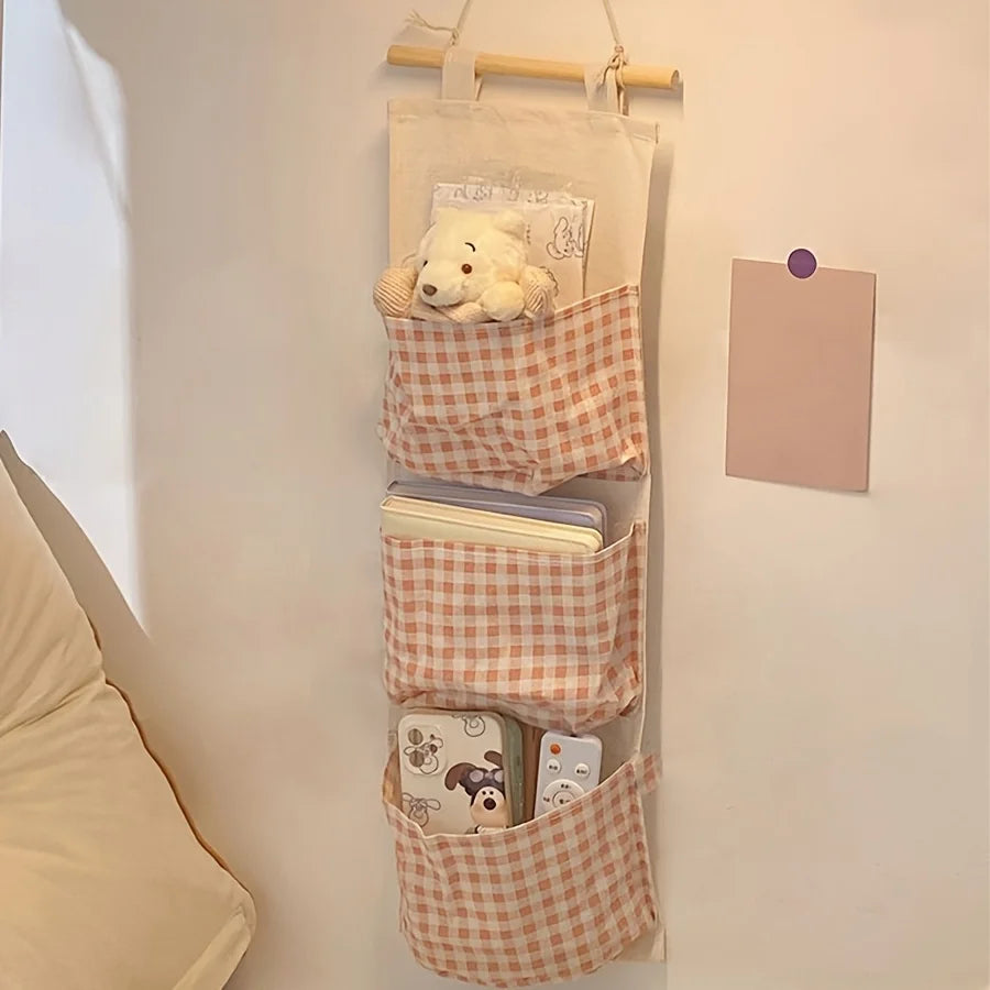 Pink Wall Storage Bag Rack - Canvas Hanging Organizer for Books, Jewelry & Bedroom Accessories