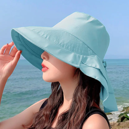 Stylish Women's Summer Sun Hat: Wide Brim UV Neck Protection Bucket Hat - Foldable Panama Cap for Beach, Travel, and Outdoor Adventures