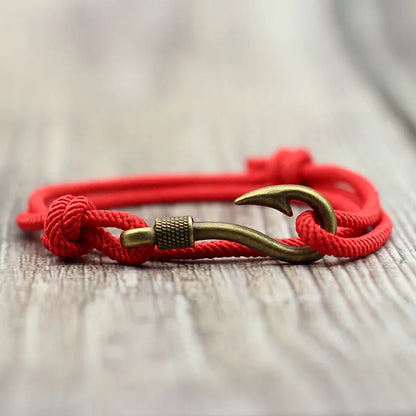 Vintage Fish Hook Men's Bracelet – Double Layer Braided Lucky Wine Red Adjustable Bracelet, Gift for Him