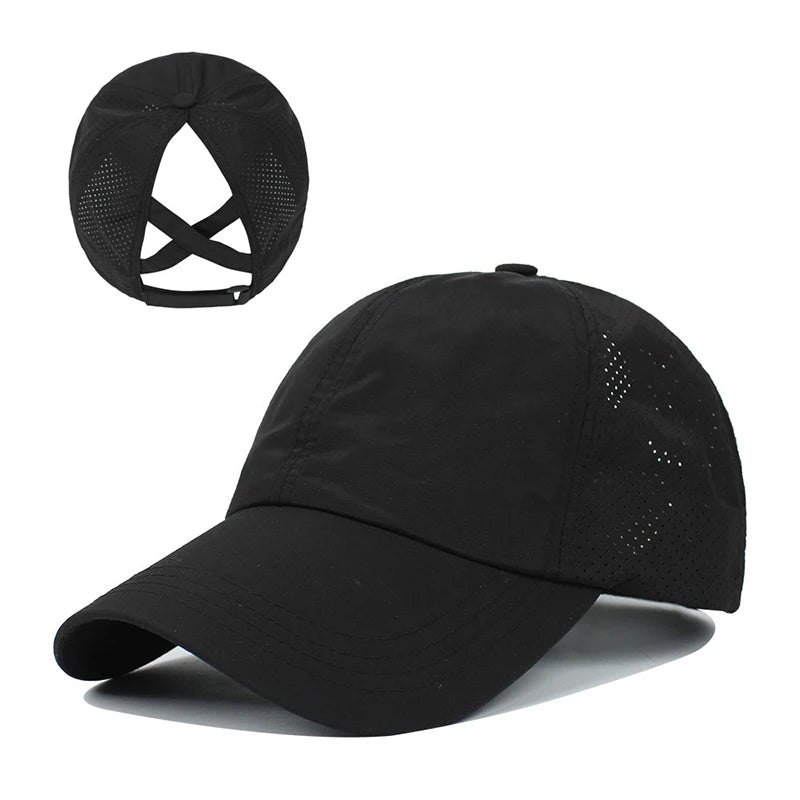 Summer Solid Color Baseball Cap – Quick-Drying Mesh Golf & Sports Hat for Women, Cross Ponytail Design, Men's Peaked Cap