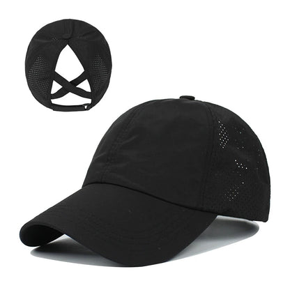 Summer Solid Color Baseball Cap – Quick-Drying Mesh Golf & Sports Hat for Women, Cross Ponytail Design, Men's Peaked Cap