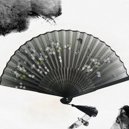Bamboo Folding Fan with Silk — Chinese & Japanese Style Handheld Fan, Antique Art Craft for Summer Dance, Home Decor & Party