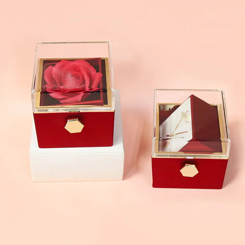 Rotating Eternal Rose Jewelry Box – Ring, Earrings, Necklace Storage, Perfect Wedding or Valentine’s Day Gift for Lovers